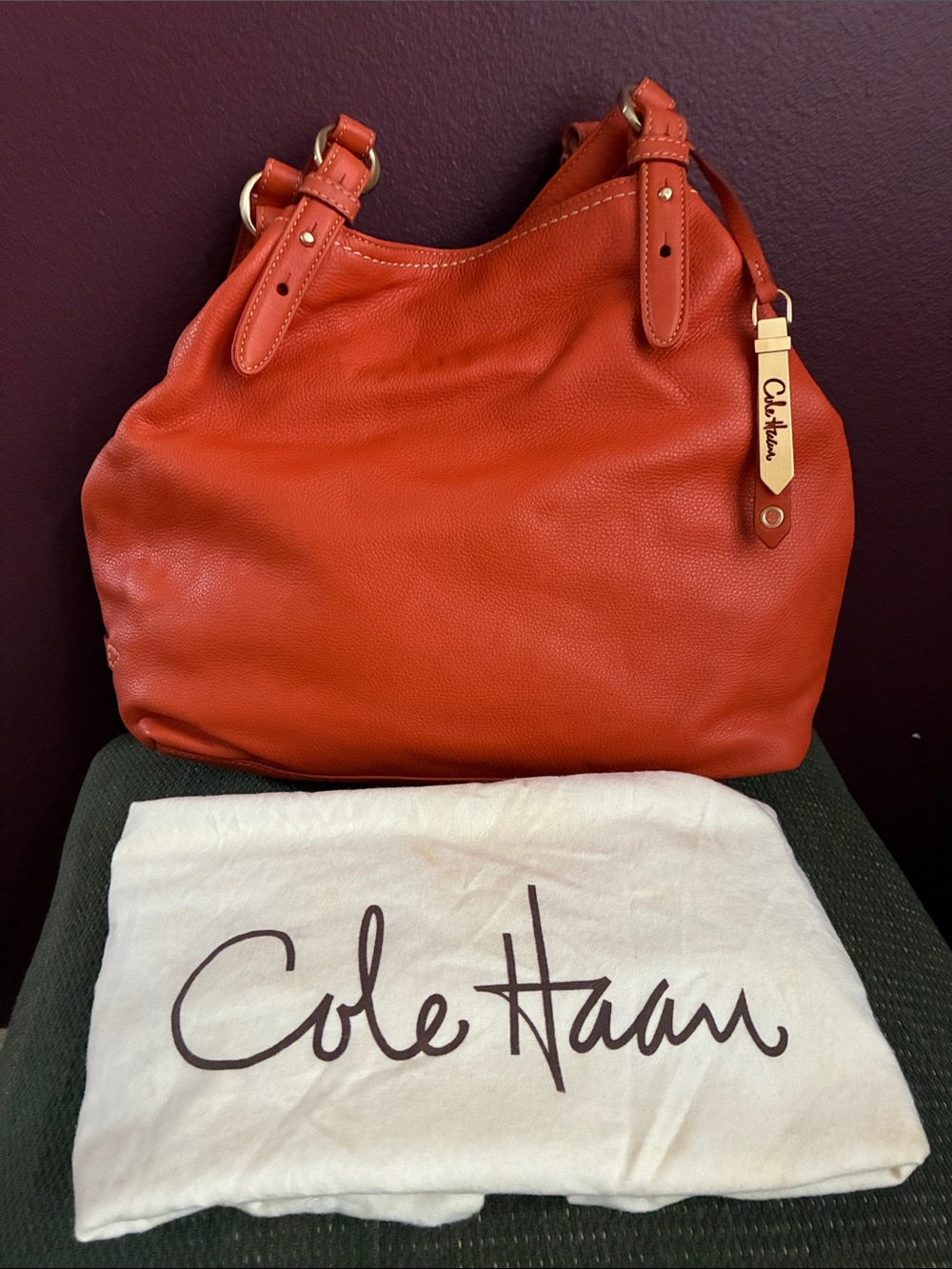 Cole Haan Women's Orange Leather Shoulder Bag - Classic Everyday Tote w/ Dustbag